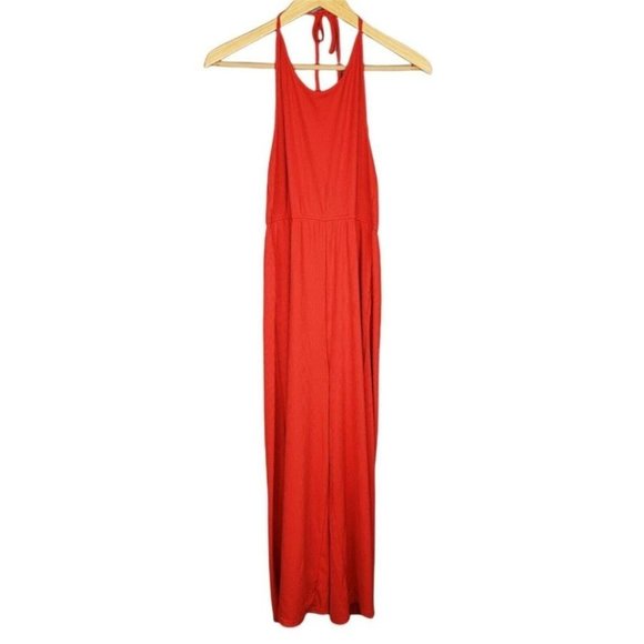 Revamped Red Halter Neck Ribbed Wide Leg Cropped Jumpsuit Cute Size Medium NWT - Picture 1 of 8